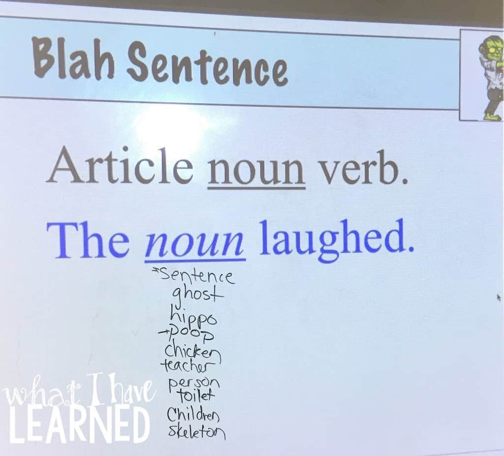 A classroom screen shows instructions: Article noun verb. The noun laughed. Below, a genius list of nouns like sentence, ghost, hippo, poop, chicken, teacher, person, toilet, children, and skeleton is handwritten in black on IMG_0839.