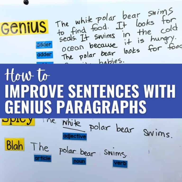 A whiteboard shows examples of sentences about polar bears, with color-coded word labels and edits. Overlaid text reads: How to Improve Sentences with Genius Paragraph strategies.