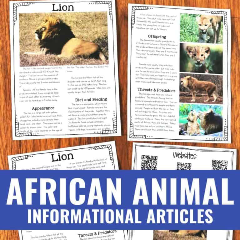 Five printed articles about animals are spread on a wooden surface, featuring text, lion photos, and QR codes. A blue banner labeled “African Animal Informational Articles” highlights engaging content about African animals for kids.