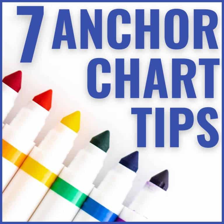 Five colorful markers (red, orange, yellow, green, blue, purple) are shown at the bottom left. Large blue text above them reads “7 Anchor Chart Tips” on a white background—perfect for quick and helpful anchor chart tips!.