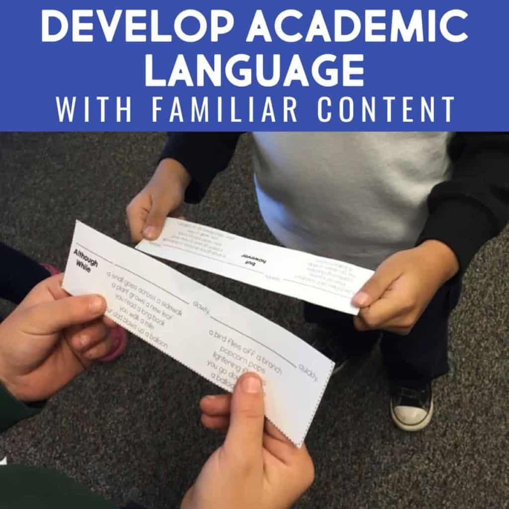 Two children hold and read a paper strip together. Above them, text on a blue background reads, Build academic language using familiar content for better understanding.