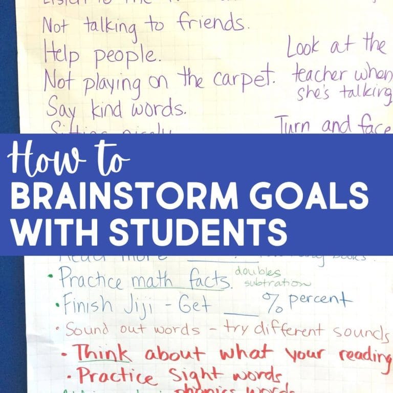 A handwritten list of classroom rules and goals is shown on chart paper, with a blue overlay reading “How to Brainstorm Goals with Students”—perfect for a goal setting lesson for elementary students turning goals to actions.
