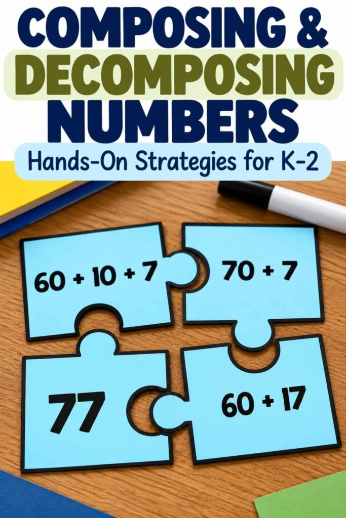 Composing and Decomposing Numbers: K–2 Math Strategies 1 Four puzzle pieces show ways to compose and decompose numbers to make 77, like 60 + 10 + 7, 70 + 7, and 60 + 17. Title above: Compose and Decompose Numbers.