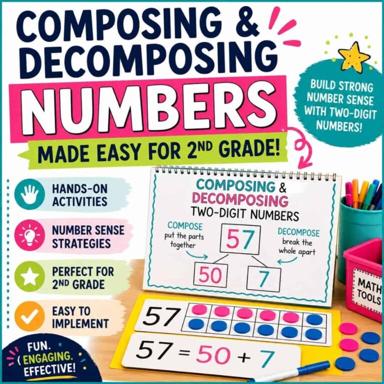 The composing and decomposing numbers 2nd poster teaches 2nd graders to break down numbers like 57 into 50 + 7, using hands-on activities, visual examples with counters and math cards, and number sense strategies.