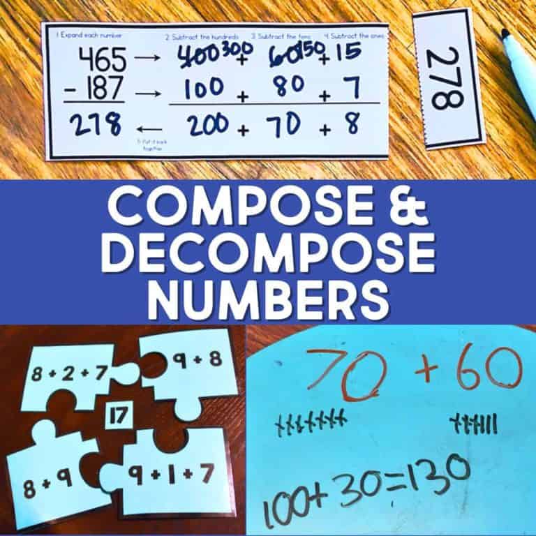 A collage showing math activities: a number decompose card, a puzzle with equations around 17, a blue whiteboard with 70 + 60 and 100 + 30 = 130, and text reading COMPOSE & DECOMPOSE NUMBERS.