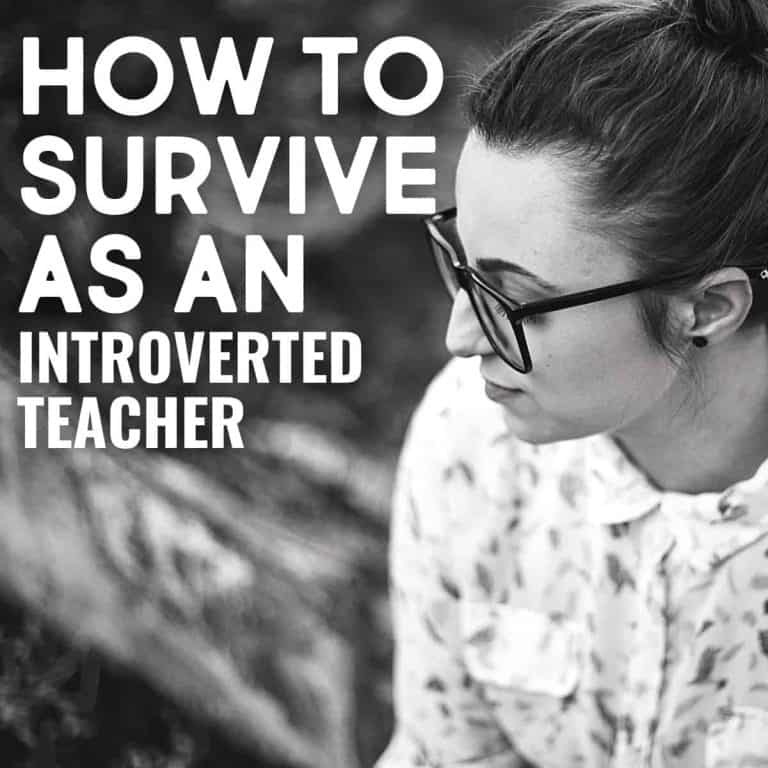 Black and white photo of an introverted woman with glasses looking down, wearing a patterned shirt. Overlaid text reads: How to Survive as an Introverted Teacher.