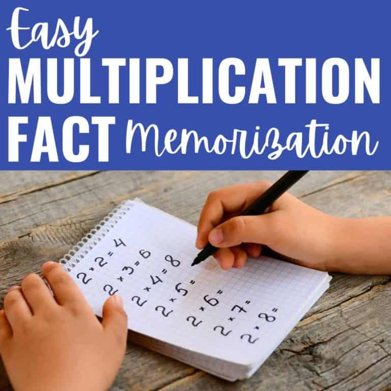 A child writes multiplication problems in a spiral notebook with a pen. The text above reads, “Easy Multiplication Fact Memorization.” The wooden table background sets the scene for effective multiplication practice.