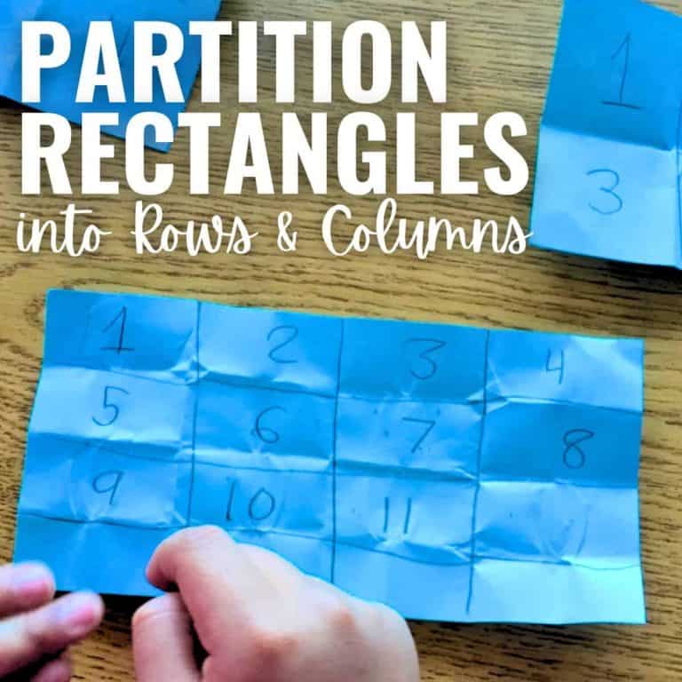 A child folds and numbers a blue paper grid with twelve sections, demonstrating how to partition rectangles into equal rows and columns. The text reads: Partition Rectangles into Rows & Columns.