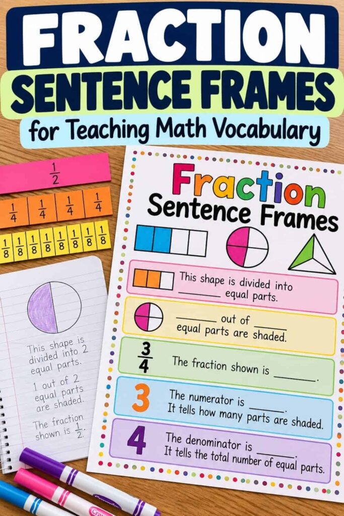 Fraction Sentence Frames for Teaching Math Vocabulary 1 Fraction Sentence Frames (2): Engaging math worksheets and manipulatives with diagrams, fraction vocabulary, sentence examples, markers, and a notebook to support teaching fraction concepts.