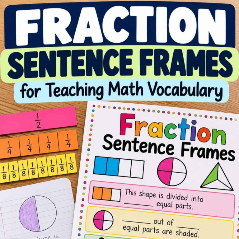 Colorful Fraction Sentence Frames (3) feature labeled fraction bars, pie charts, and sentence frames for teaching math vocabulary. Includes notebook pages and diagrams in the visuals.
