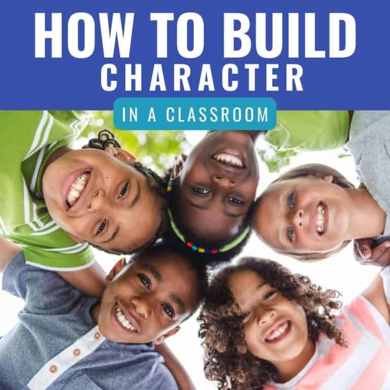 Five smiling children form a circle, looking up at the camera, embodying strong character. Above them, bold text reads, “How to Build Character in a Classroom.” The children appear happy and engaged.