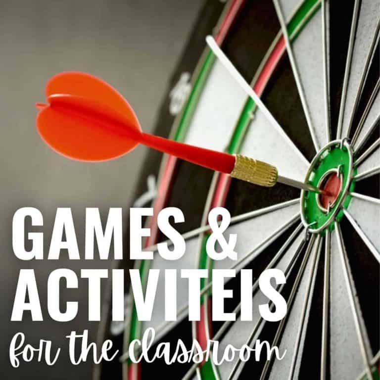 A red dart sticks in the bullseye of a dartboard. The text reads: “Fun games & activities for the classroom.”.