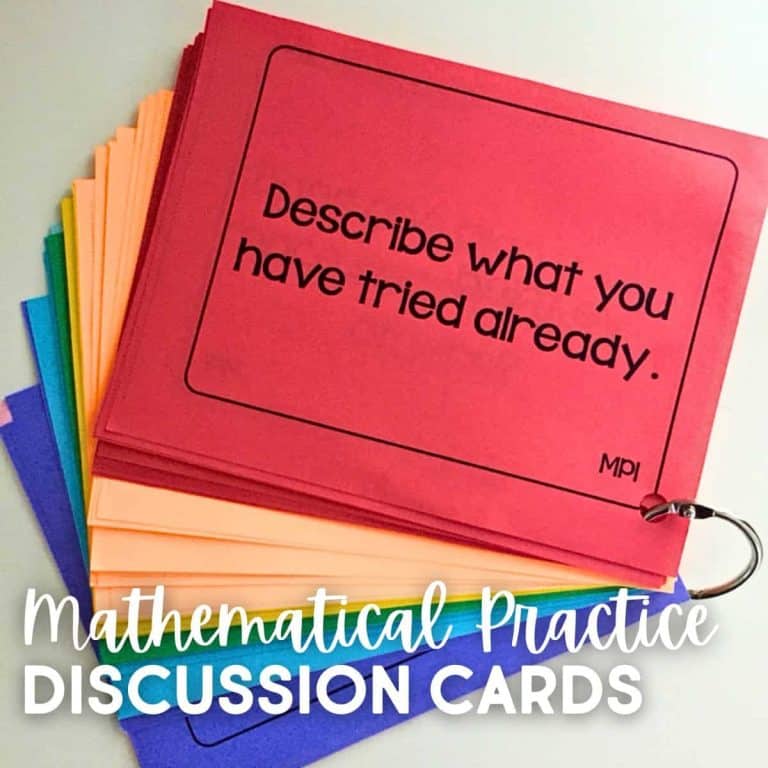 A ring-bound set of mathematical practice discussion cards, featuring colorful pages. The top red card prompts, “Describe what you have tried already.” Each card encourages thoughtful math conversations.