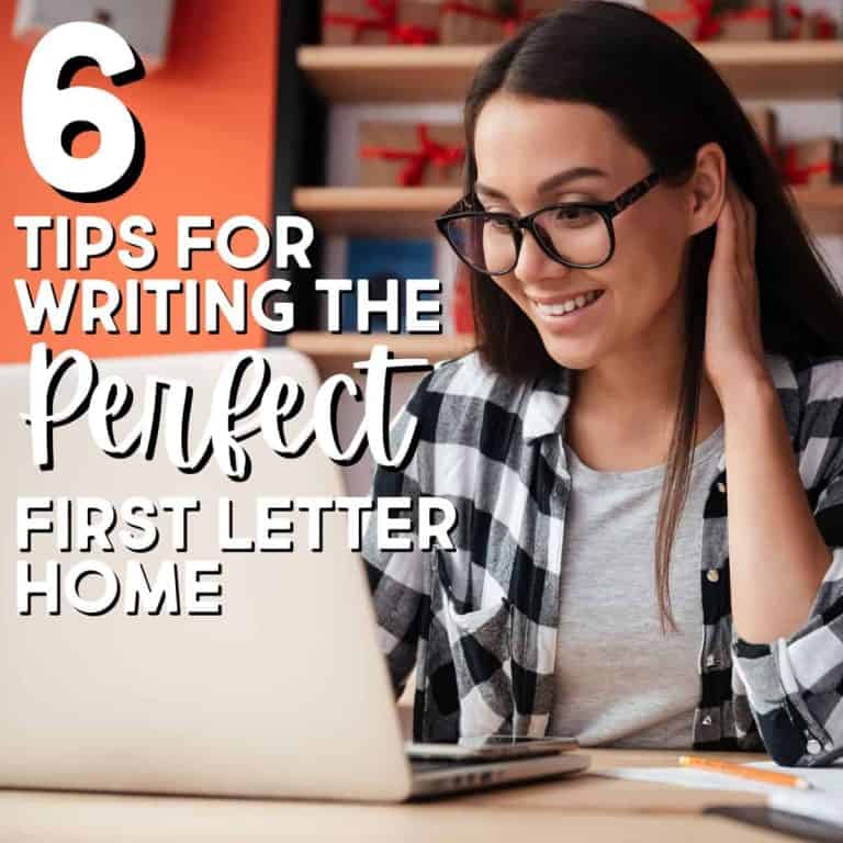A smiling woman wearing glasses and a plaid shirt sits at a desk, writing a letter on her laptop. Overlaid text reads, 6 Tips for Writing the Perfect First Letter Home.