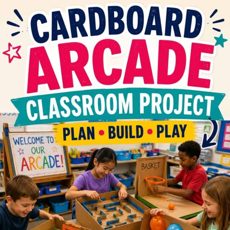 Four children enjoy the cardboard arcade classroom project_2 in a classroom, playing homemade games under a sign reading “Welcome to Our Arcade!” with bold text overhead: “Cardboard Arcade Classroom Project – Plan, Build, Play.”.