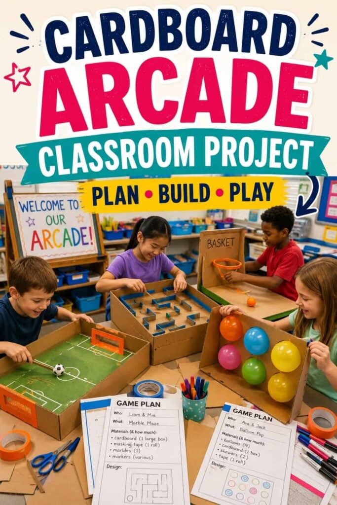 Cardboard Arcade Games: A Classroom Project Kids Love 1 Four children play with Cardboard Arcade_2 games at a table in a classroom. Colorful signs say “Cardboard Arcade Classroom Project” and “Plan • Build • Play.” Game plans and materials are spread across the table.