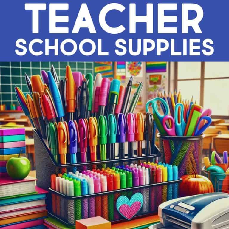 A classroom desk is organized with colorful teacher classroom supplies, including pens, pencils, markers, scissors, and stacks of books. The background shows a chalkboard and decorations. Text reads, Teacher School Supplies.