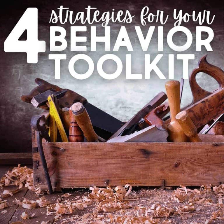 A wooden toolbox filled with various hand tools sits on a table with wood shavings. Text above reads: 4 behavior strategies for your toolkit.