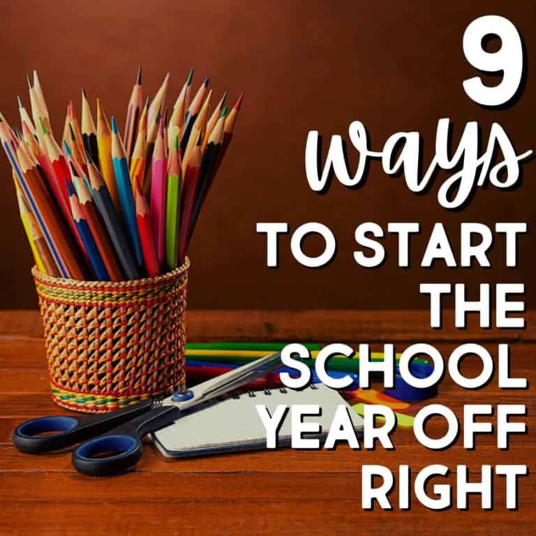 A woven cup holds colored pencils on a wooden table, next to scissors, paper, and markers. Large text reads: 9 ways to start the year off right. The background is brown.