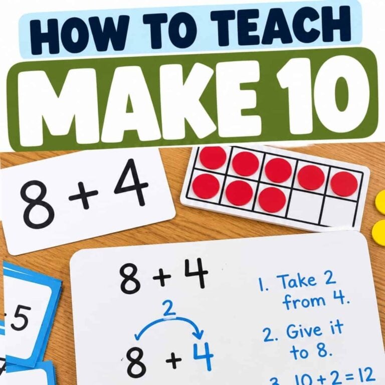Develop 10 as a Benchmark Number (2): Includes cards for 8 + 4, ten-frame with red counters, dry erase board with steps, and a How to Teach Make 10 sign using compensation strategies.