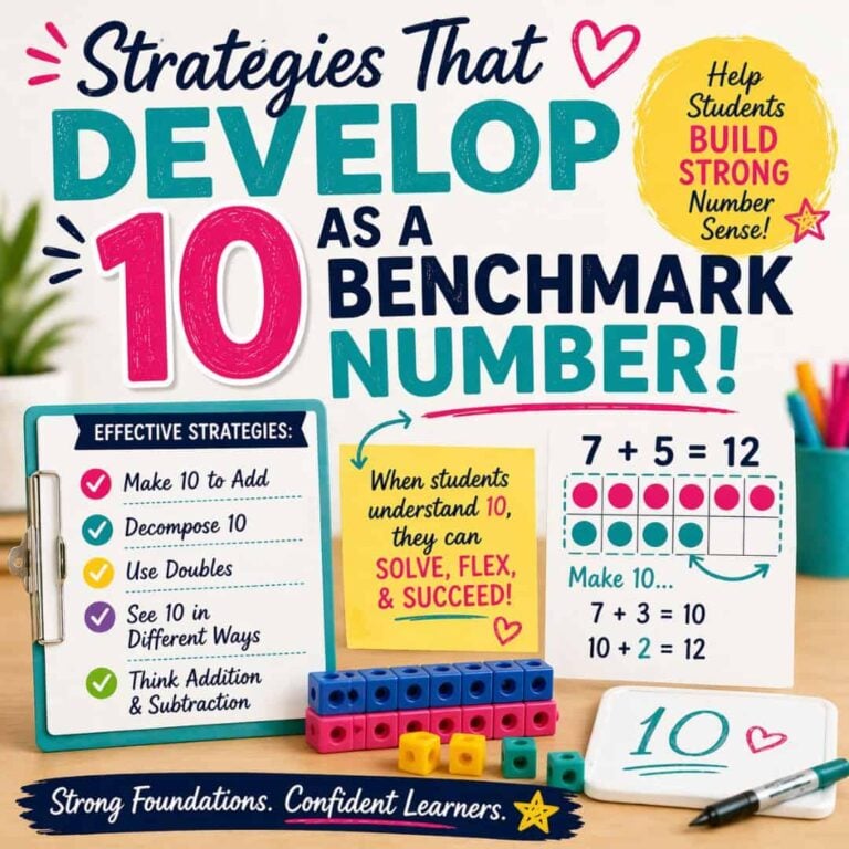 The SQUARE Make 10 Strategy is a colorful educational poster with equations, cubes, tip boxes, and a clipboard, visually teaching students how to add, decompose 10, and use compensation using 10 as a math benchmark.