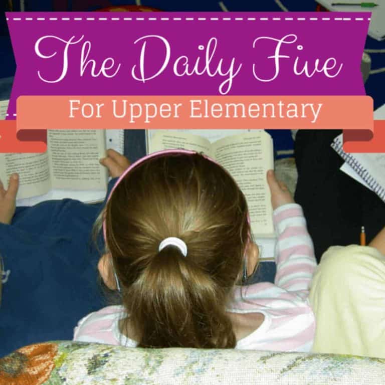 A young girl with brown hair in a ponytail reads a book, seated beside other children, under a banner that highlights the Daily Five for Upper Elementary.