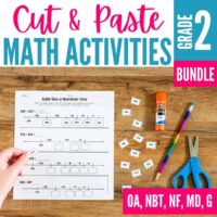 A hand carefully completes cut and paste activities on a math worksheet featuring a number line, surrounded by scissors, a glue stick, pencil, and extra worksheet pieces. Text reads 1.