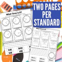 The Cut and Paste Math Activities for Second Grade - Measurement and Geometry includes two worksheets with analog clocks, time-matching cut and paste tasks, and illustrations of rulers, protractors, and paper clips. Text: TWO PAGES PER STANDARD.
