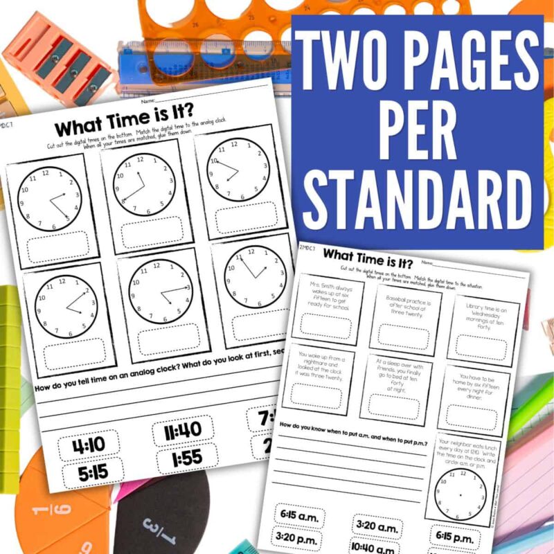 Cut & Paste Math Worksheets 2nd grade Measurement & Geometry 2 The Cut and Paste Math Activities for Second Grade - Measurement and Geometry includes two worksheets with analog clocks, time-matching cut and paste tasks, and illustrations of rulers, protractors, and paper clips. Text: TWO PAGES PER STANDARD.
