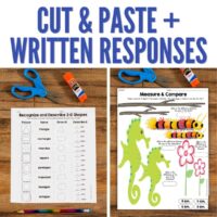 Cut and Paste Math Activities for Second Grade – Measurement and Geometry: Includes worksheets with 2D shapes to cut, match, and draw, plus caterpillar, seahorses, and flowers for measuring activities and math responses.
