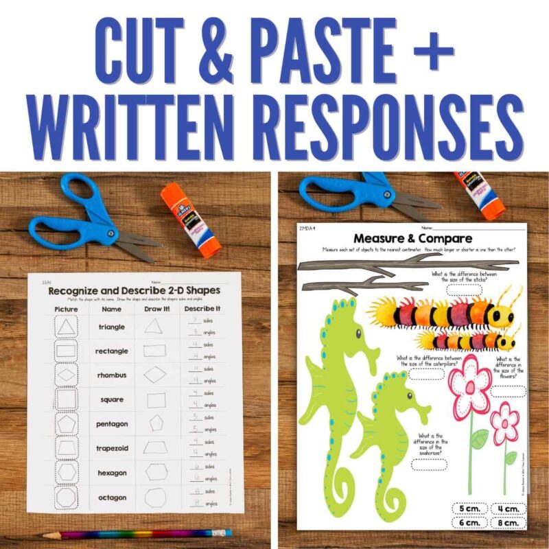 Cut & Paste Math Worksheets 2nd grade Measurement & Geometry 3 Cut and Paste Math Activities for Second Grade – Measurement and Geometry: Includes worksheets with 2D shapes to cut, match, and draw, plus caterpillar, seahorses, and flowers for measuring activities and math responses.