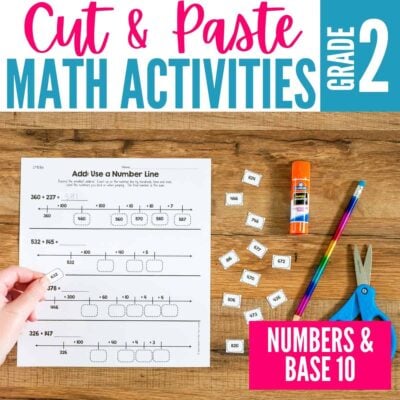 Cut & Paste Math Worksheets 2nd grade NBT Fractions cover.