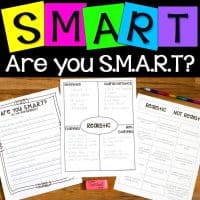 The Are You SMART? Goal Setting Lessons includes colorful “SMART” letters, an “Are you S.M.A.R.T?” sign, three worksheets on realistic vs. unrealistic goals, plus a pink eraser and colored pencils for engaging activities.