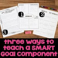 Three Are you SMART? Goal Setting Lessons worksheets are shown on a table with a pencil and eraser. Text below in pink and white reads: three ways to teach a SMART goal component.