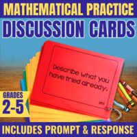 A stack of Mathematical Practices Partner and Group Discussion Cards sits on a wooden table with crayons. The top red card reads, "Describe what you have tried already." Text: Grades 2-5, Includes Prompt & Response.