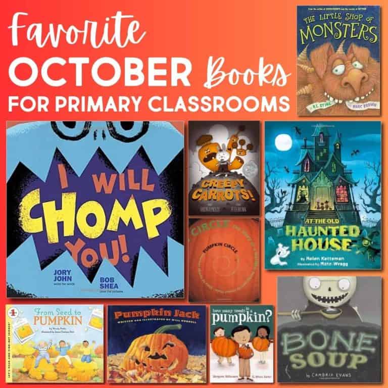 A collage of children’s October books covers with an autumn and Halloween theme. Text at the top reads, Favorite October Books for Primary Classrooms. The covers feature monsters, pumpkins, and spooky houses.
