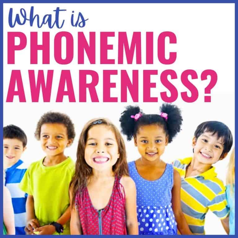 Group of five smiling children standing in a row, with large text above them that says, What is Phonemic Awareness? in blue and pink letters, highlighting the importance of phonemic awareness for early reading skills.
