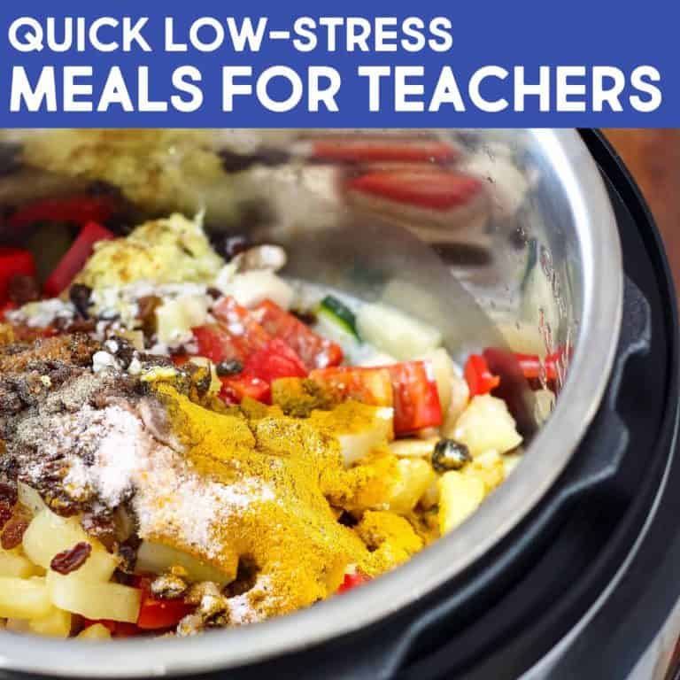 Close-up of an Instant Pot filled with colorful ingredients like chopped vegetables, spices, and seasonings. Text above reads, Quick Low-Stress Meals for Teachers—perfect for easy meal planning and busy teacher meal plans.