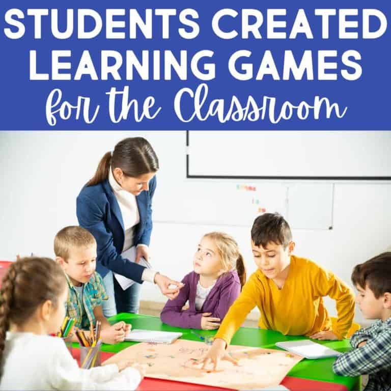 A teacher and five young students sit around a table in a classroom, playing and creating learning games together. The text above reads, Students designed their own learning games for the classroom.