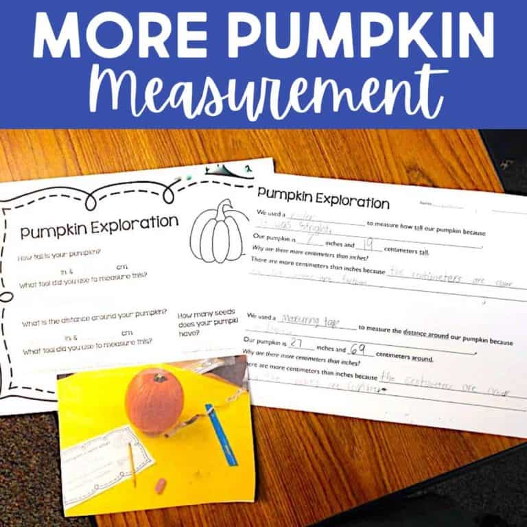 Two worksheets titled Pumpkin Exploration lie on a desk, one filled out and one blank, with a photo of a pumpkin being measured using a ruler and linking cubes placed on top, highlighting hands-on measurement. Text above reads More Pumpkin Measurement.