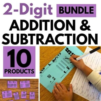 A graphic reads "Two-Digit Addition and Subtraction BUNDLE, 10 Products." It shows a child's hands using two-digit math manipulatives on a worksheet, with smaller images of math activity cards spread on a wooden table.
