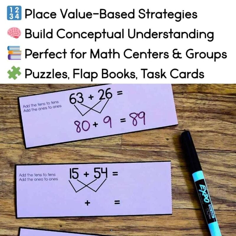 two digit addition & subtraction 6_2 The Two-Digit Addition and Subtraction BUNDLE features purple math cards with two-digit addition problems using place value, such as 63 + 26 = 89 and 15 + 54. A blue Expo marker is included for teaching strategies.