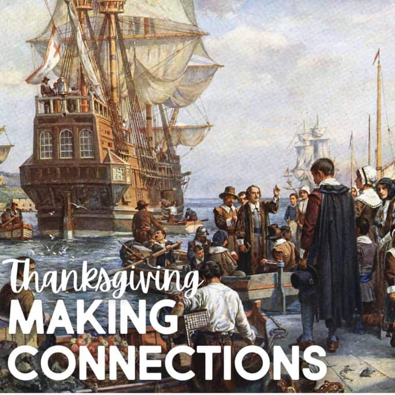 A historical painting shows Pilgrims arriving by ship and meeting Native Americans at the shore, capturing the spirit of Thanksgiving. Text on the image reads, “Thanksgiving Making Connections.”.