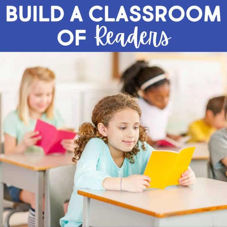 A group of young readers sit at desks in a classroom, each enjoying a colorful book. The text above reads, Build a classroom of readers.
