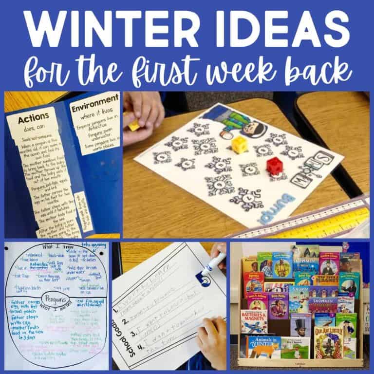 A collage highlights winter classroom activities—Winter Ideas for the First Week Back—with a themed worksheet, lesson notes in a folder, a circular writing chart, a filled lined worksheet, and a bookshelf of colorful children’s books.