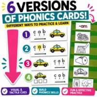 The 6 versions (1) set includes Blending Cards for phonics practice: four cards with the CVC word “cab” and taxi art, plus two showing short vowel “-am” words. Visual cues support important phonics skills.