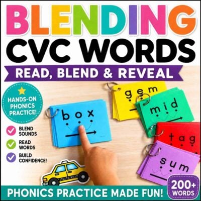 A hand points to the CVC Blending Cards Cover featuring a blue blending card labeled "box" with phonics dots. Other colorful cards display CVC words like gem, mid, tag, and sum, promoting hands-on short vowel phonics practice for kids.