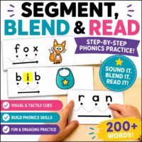 The CVC Blending Cards Thumb2 feature colorful graphics and images for words like “fox,” “bib,” and “ran.” With visual cues, dotted lines, step-by-step practice, and 200+ short vowel words to help build key reading skills.