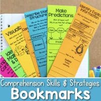 Five vibrant Reading Comprehension Bookmarks featuring various strategies are displayed on an open notebook. Text at the bottom reads: Reading Comprehension Bookmarks.