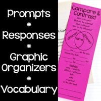 A split image: on the left, white text on black lists Reading Comprehension Bookmarks. On the right, a pink compare & contrast graphic organizer shows a Venn diagram and prompts.